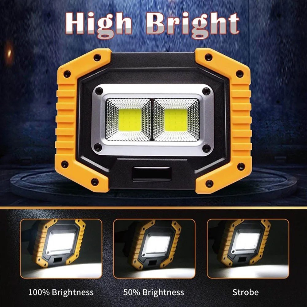 Foco LED COB portátil de 100W, Lámpara de trabajo ultra brillante, recargable por USB al aire libre para acampar, lámpara de emergencia 18650