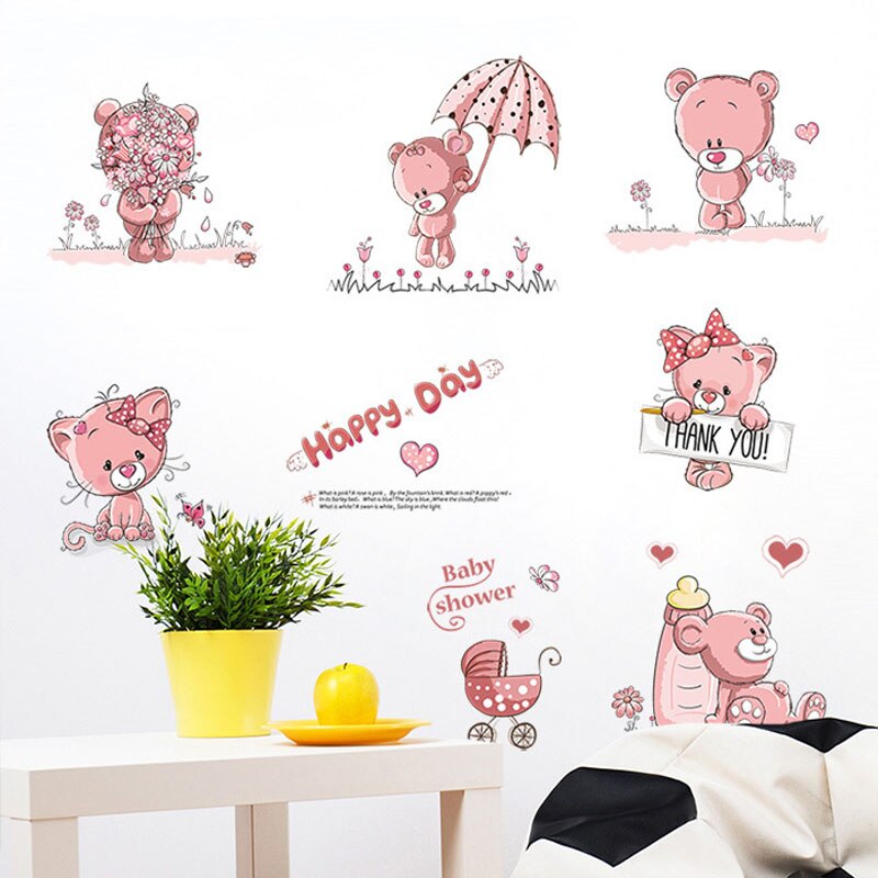 Happy Pink Bear Wall Stickers for Kids Rooms Home Decor DIY Cartoon Wall Decals Modern Warm Bedroom Decoration Mural Art Sticker