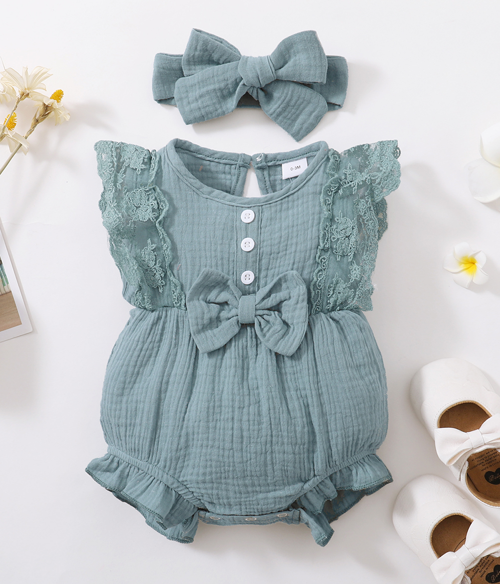 Baywell – body à volants en dentelle pour bébés filles, joli nœud papillon + bandeau en coton et lin, combinaisons sans manches pour nourrissons, vêtements doux pour tout-petits