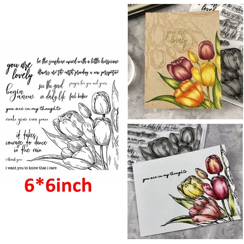 Qwell blomster tulipan buket klare gennemsigtige stempler til håndværkspapir kort gør det selv scrapbog skabelon