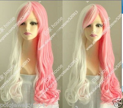 Shun pruik Cosplay Cos Harajuku roze en wit mix lang krullend Hittebestendig Wig Dames Hittebestendige Synthetische haar Pruiken