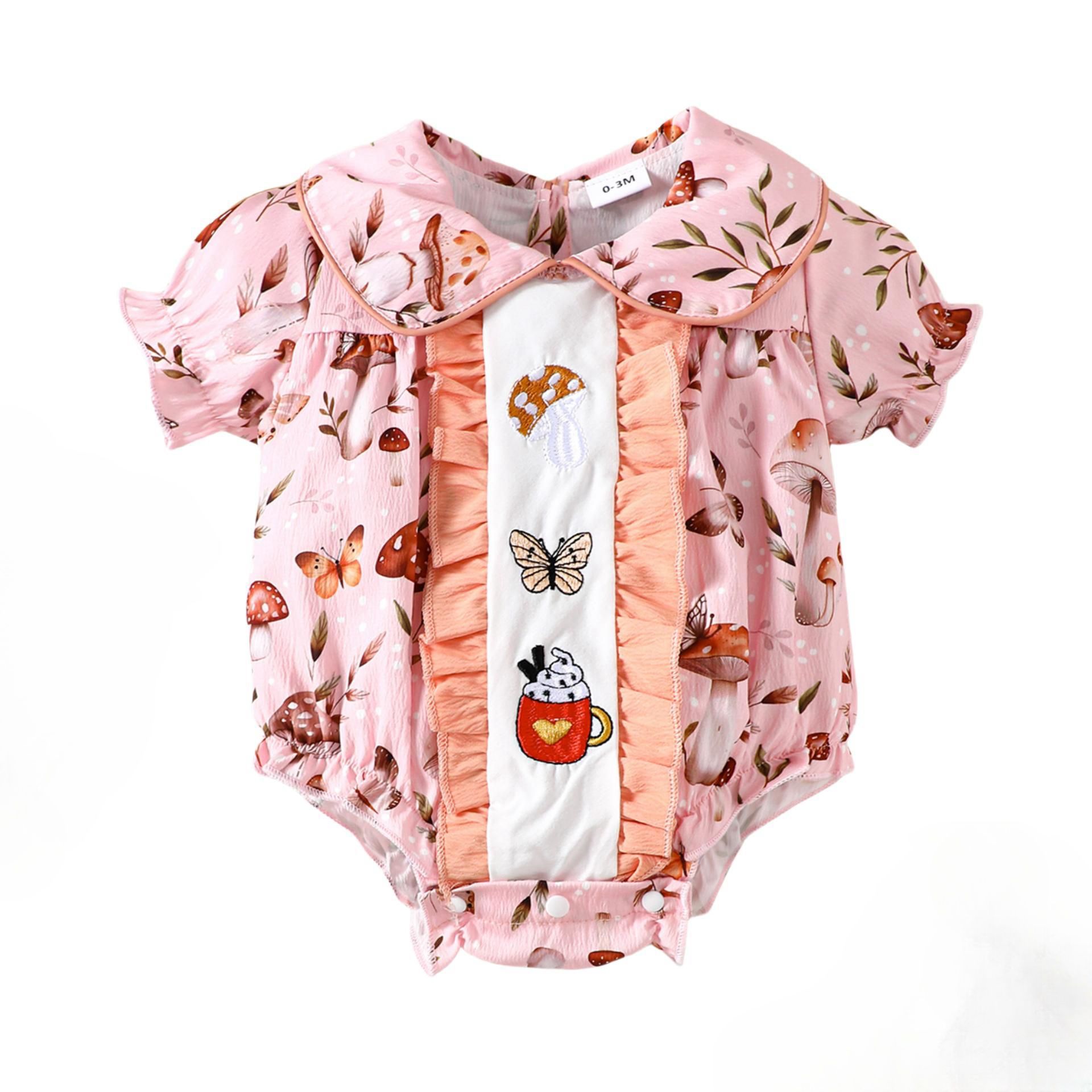 Body de verano 2025 para niñas, mono infantil bordado con estampado de cereza dulce, ropa de una pieza de manga corta con solapa para niños pequeños: Azul / 18 meses