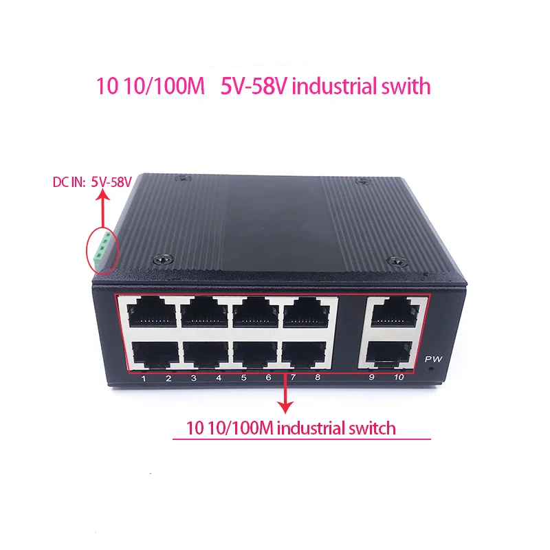 Mini interruptor ethernet industrial não gerenciado, 5/10 portas 10/100m 5v-58v 5/10 portas 100m, proteção contra raios 4kv, antiestático 4kv