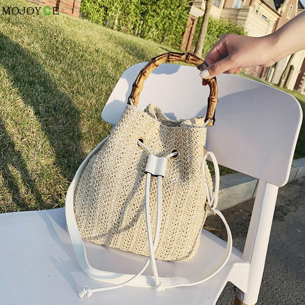 Straw Rope Woven Drawstring Shoulder Pouch Women Handmade Woven Bohemian Summer Beach Vacation Top-handle Bucket Handbag