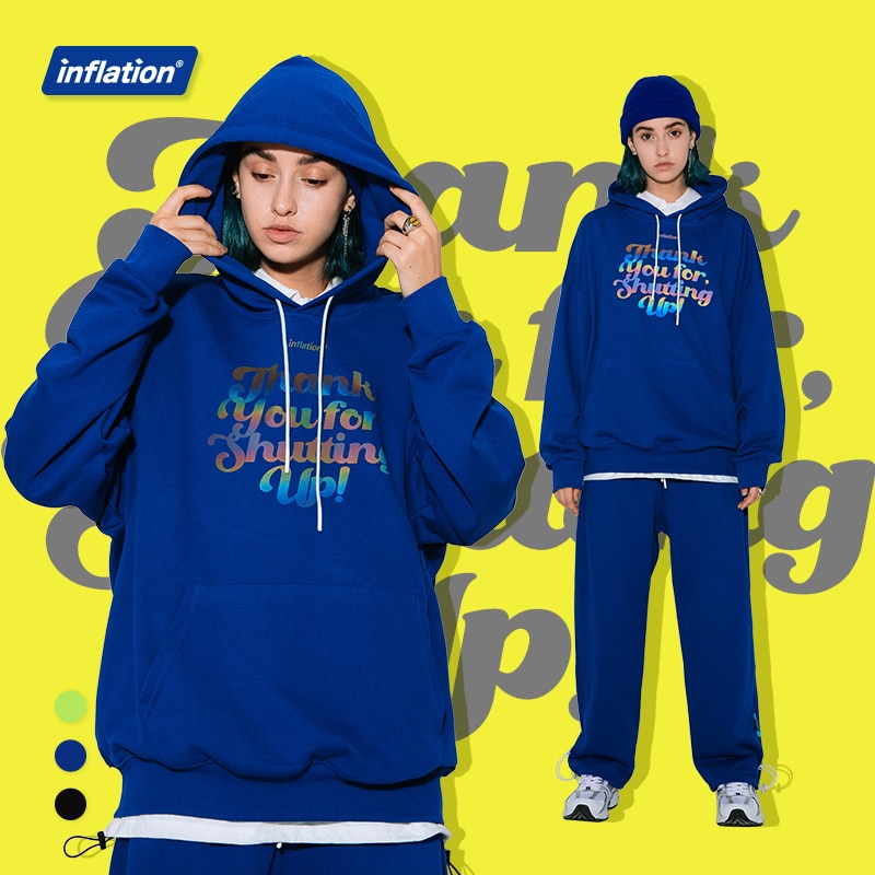 INFLATION Slogan Reflective Hoodie Men Streetwear Spring Stylish Blue Oversized Hooded Sweatshirt Couple Pullovers