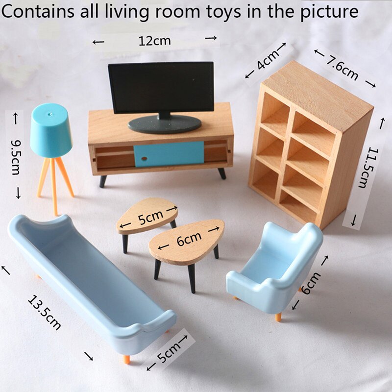 1 Set DIY Dollhouse Mini Living Room TV Sofa Set Wooden Furniture Miniature