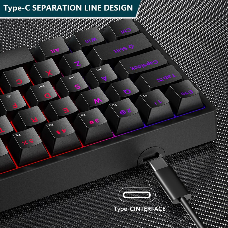 Mini gaming mekanisk tastatur 61 taster type-c blå switch rgb lys justerbar ergonomi kablet tastatur til gamer bærbar pc