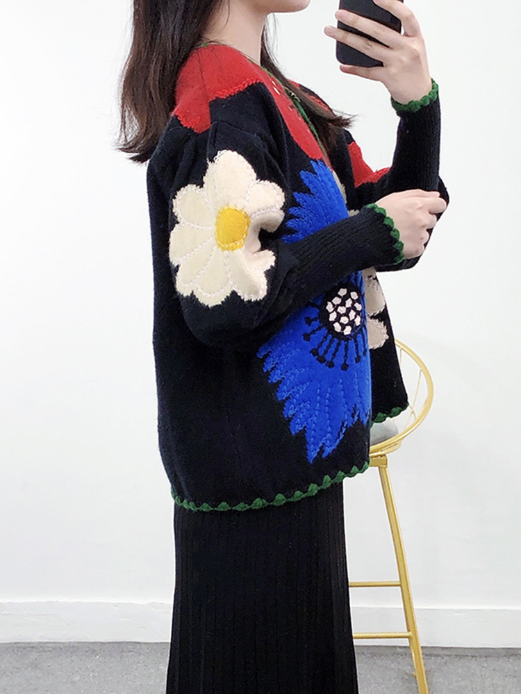 Khalee yose boho blomstret strikket sweater cardigan tyk blomst sort farverig efterår vinter kvinder sweatere kvinder dame cardigans