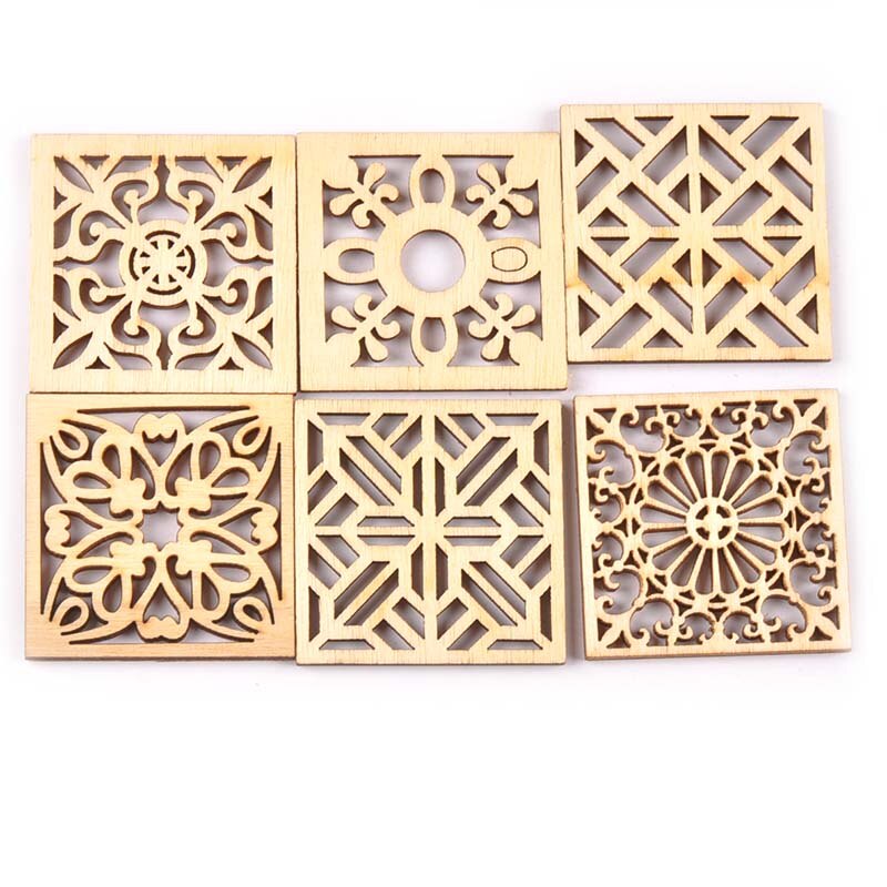 10pcs Hollow Mixed Flower Pattern Square Wood DIY Crafts Scrapbooking Wooden Embellishments Arts Wedding Display Decor M2523