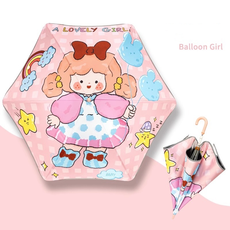 Paraguas UV de dibujos animados para niños, sombrilla de mano larga, protección contra la lluvia y el sol, esquinas redondas, con tira reflectante: Multicolor