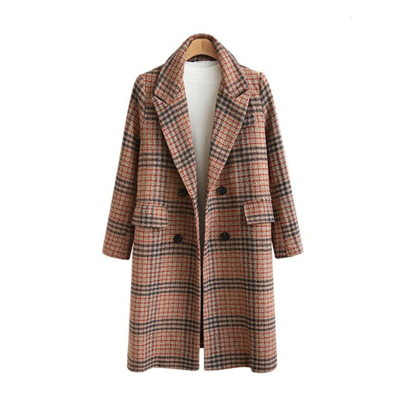 Høst vinter dame ullfrakk løs tartan uformelt Plus størrelse 4xl lange ullfrakker damejakke: Kamel / Xxxl