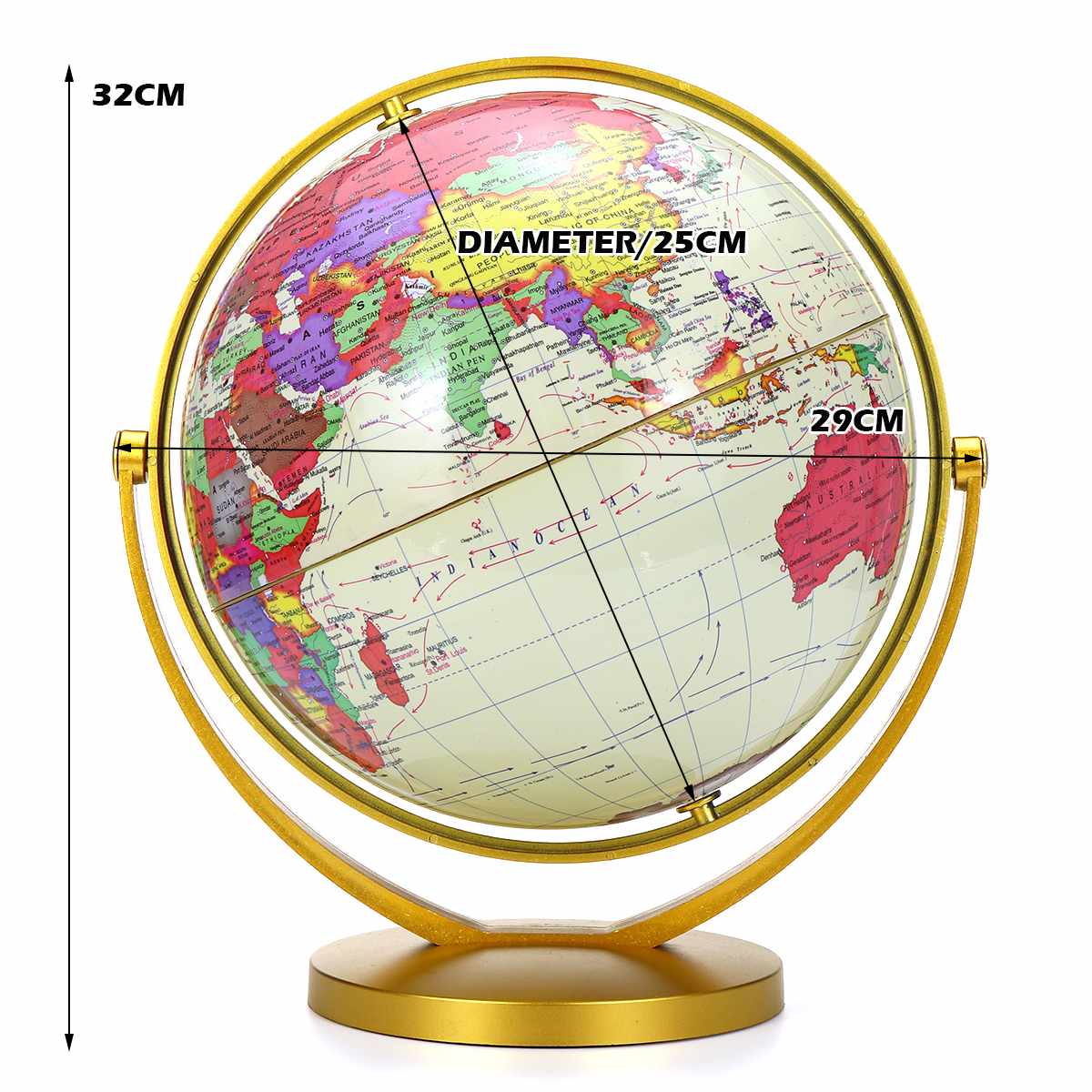 14CM/25CM Gold World Globe Map 360° Rotating With Stand School Geography Educational Supplies Kids Exploring Home Office Decor: Diameter 25cm
