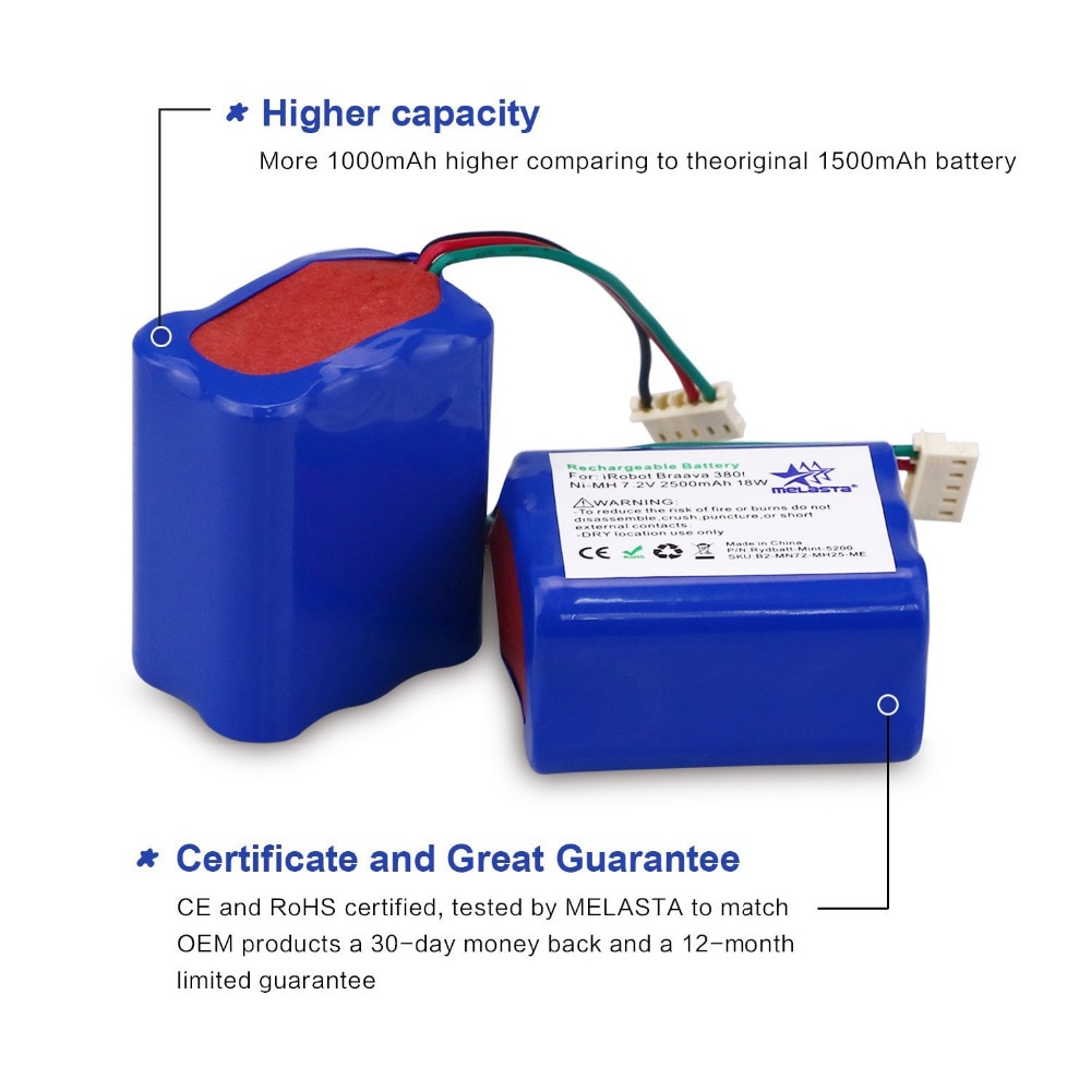Nastima-bateria de reposição para robô aspirador, para irobot roomba braava 7.2, 2500 t, 380j, 380, 5200b, 5200c, robô esfregador, 380 v, 5200 mah