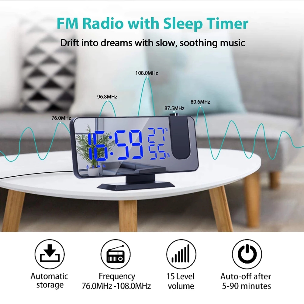 Réveil à projection numérique Fm Radio Réveil Projecteur Led Électronique Bureau Réveil Chiffres avec 180 Temps Projecteur Snooze