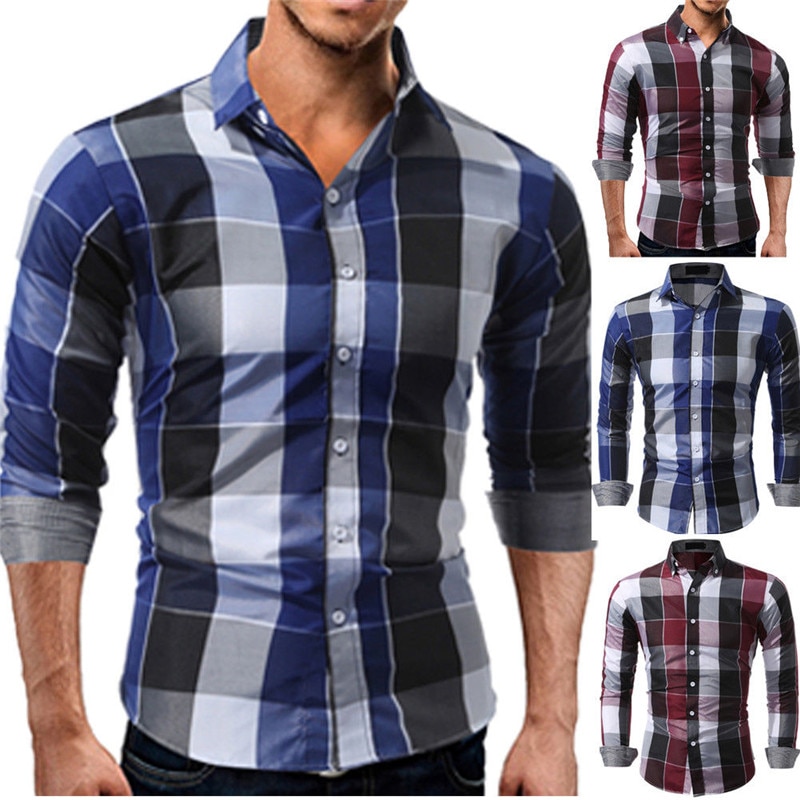 De los hombres de la Slim Fit de manga larga a cuadros de algodón camiseta Casual camisas Chemise Homme hombre cuadros guapo Casual hombres blusa