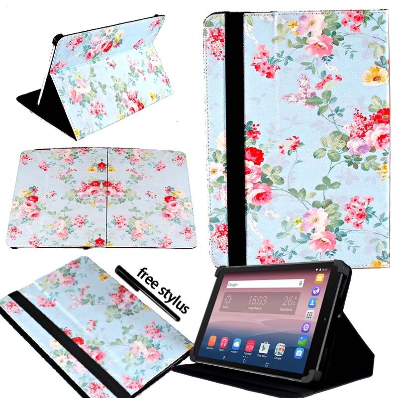 KK&LL For Alcatel OneTouch Pixi 3 10 inch - Leather Tablet Stand Folio Cover Case + Free stylus: Blue Floral