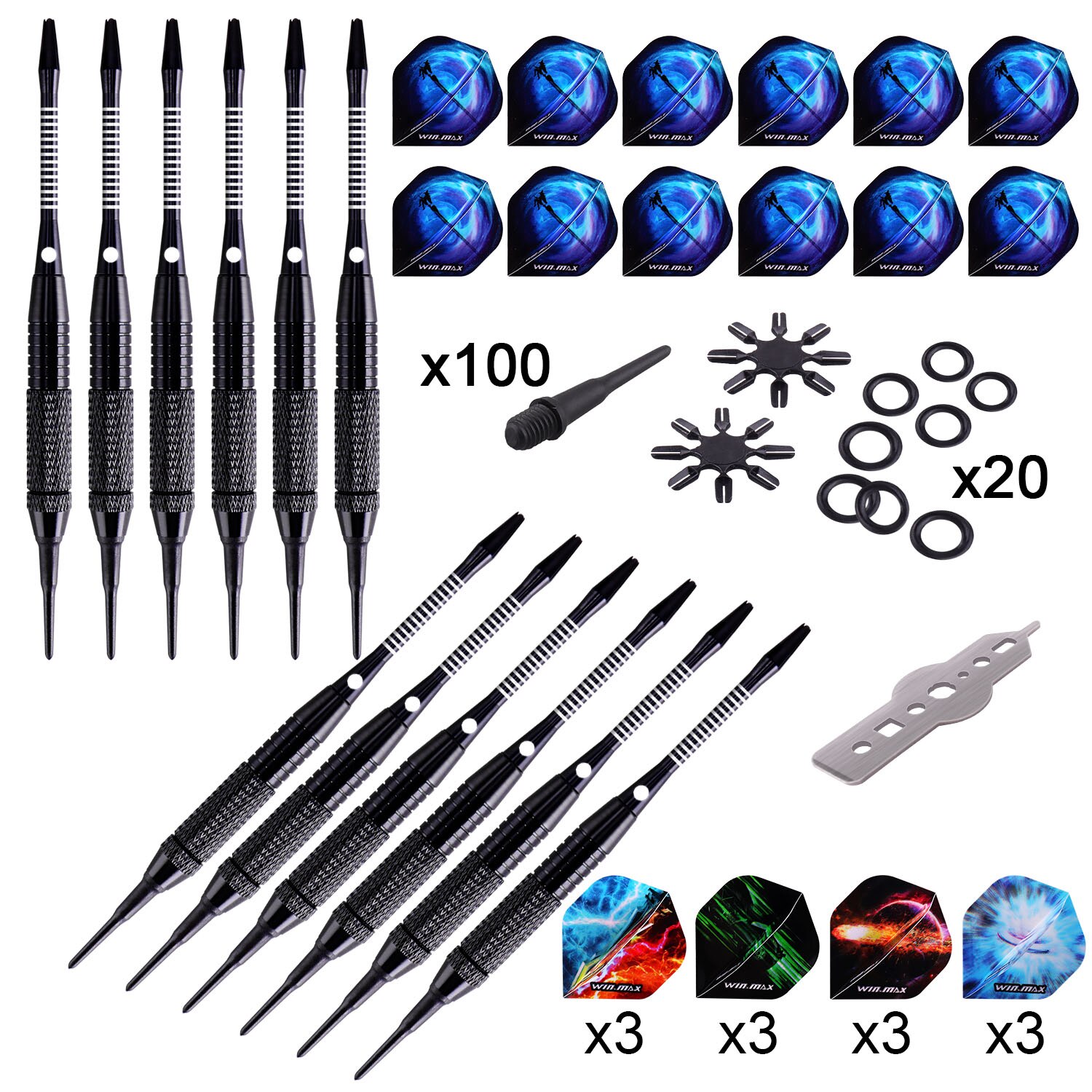 WINMAX 12 Pcs Darts Flights Set 18g Soft Tip For Electronic Dart Board Aluminium Shafts 100 Dart-Head 20 Anti-Loose Rubber Rings