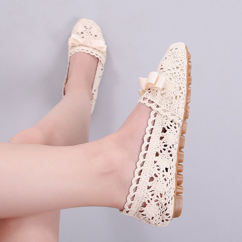 autumn bow-tied single shoes woman breathable hemp knitting hollow flats moccasins soft bottom non-slip leisure loafers