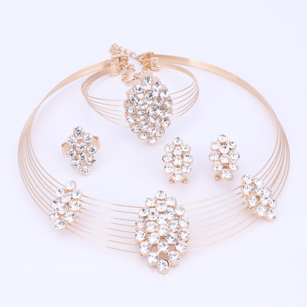 Nigerian Brilliant Wedding Jewelry Set Rhinestone Crystal Multi layer Chain Necklace Earrings Bracelet Ring for Women