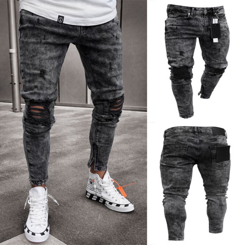 Jean déchiré noir pour homme, pantalon crayon, moulant, de rue, Hip-Hop, Cowboy, trou, vêtement en Denim extensible de