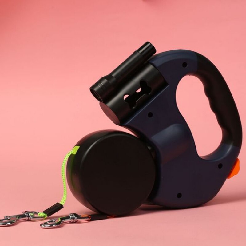Dual Headed Pet Leashes with Flashlight Garbage Bag Box Automatic Retractable Dogs Traction Rope Double Dog Walking Leash Chain