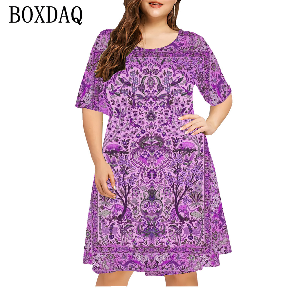 Vestido estampado em 3D com estilo étnico feminino, plus size, casual, manga curta, solto, linha A, verão, vintage, senhoras, tamanhos grandes, 6XL: 6XL / Preto