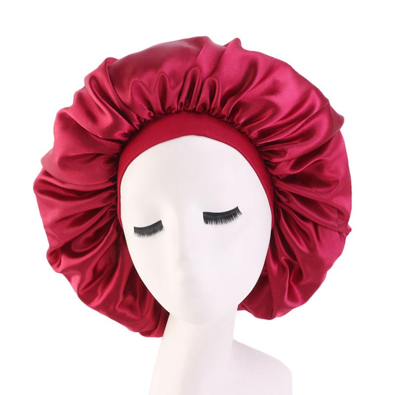 Women Satin Sleep Night Chemo Cap Solid Color Stretch Hair Care Hat Turban Bonnet Headscarf Skullies Wide Elastic Band Headwear: 05  Wine Red