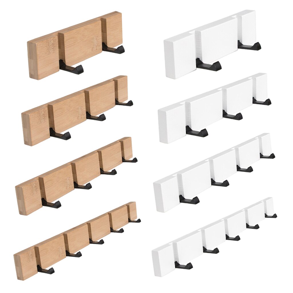 Folding Wooden Board Hooks Wall Door Hanger For Bathroom Robe Towel Coat Clothing Bedroom Kitchen - White 5 Hooks