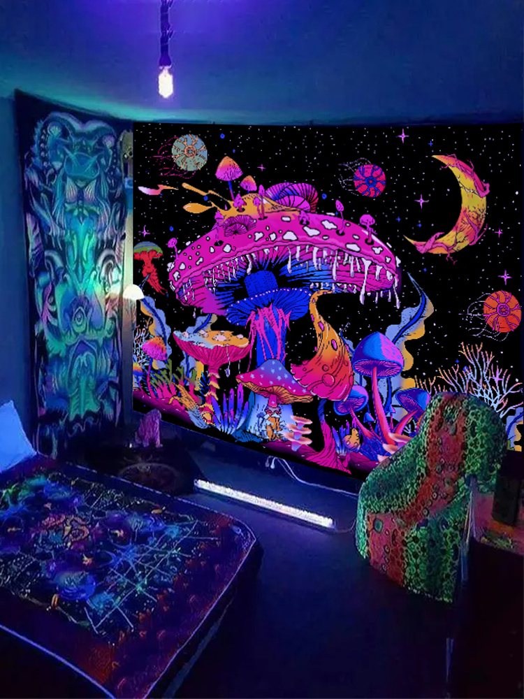 1 tapiz de setas de colores fluorescentes, luz negra ultravioleta, planta natural, bosque, Luna, flor, misterioso tapiz de cielo nocturno: 230 x 150 cm