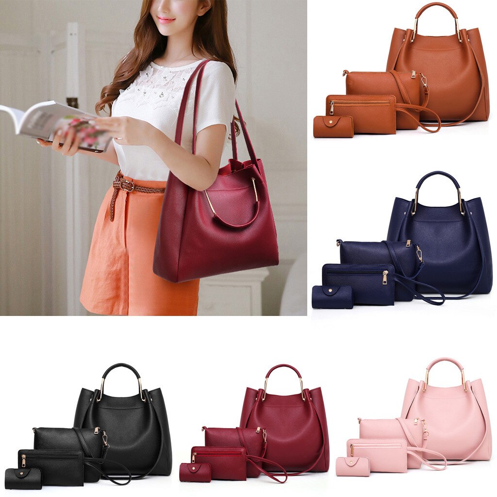 4PCS Women's Bag Set PU Leather Ladies Handbag Solid Color Messenger Bag Shoulder Bag Wallet Bags For Women