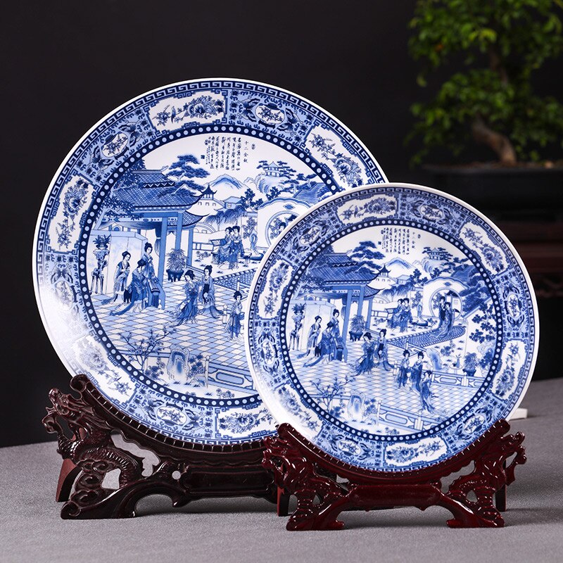 Jingdezhen porcelain antique blue and white porcelain hanging plate decorative plate Ornament Chinese style living room deco