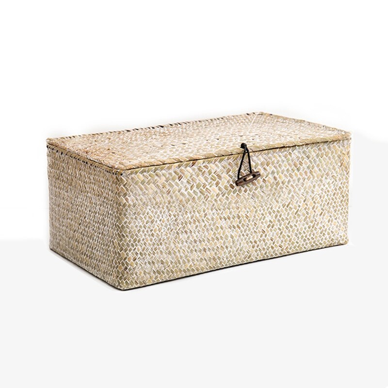 Handmade Woven Storage Baskets Laundry Basket Home Storage Rectangular Storage Box with Lid Sundries Organizer Box: White basket / L 29x12x19cm