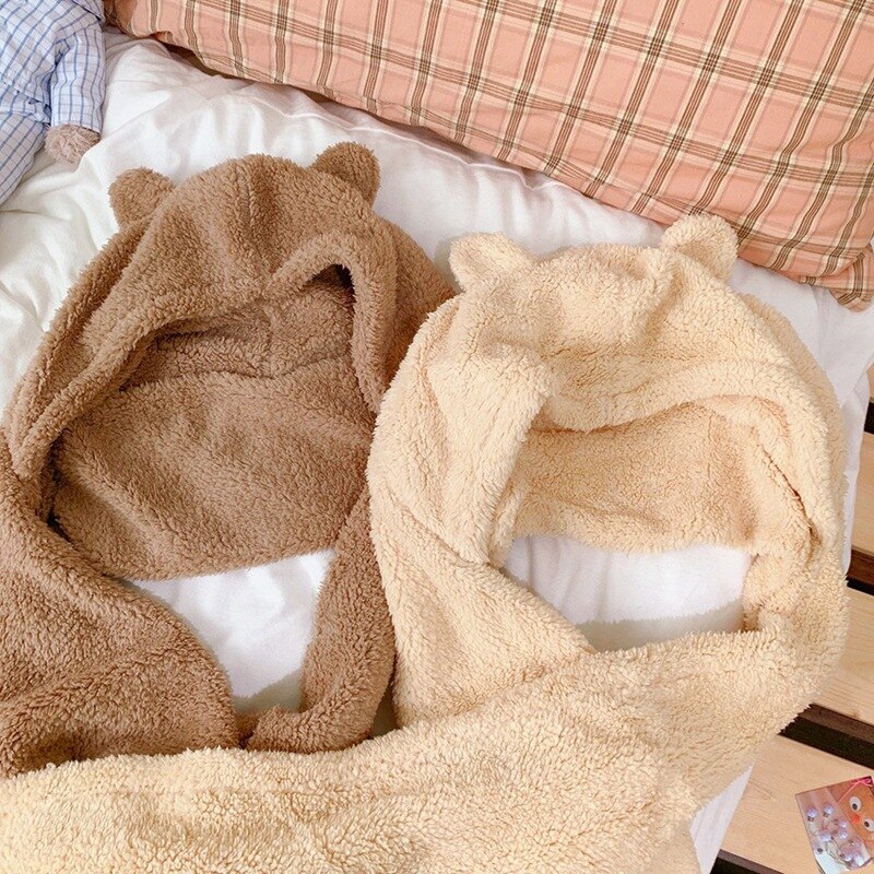 Winter warme muts, capuchon, sjaal, schattige berenoren, hoofddeksel, sjaal, een unisex