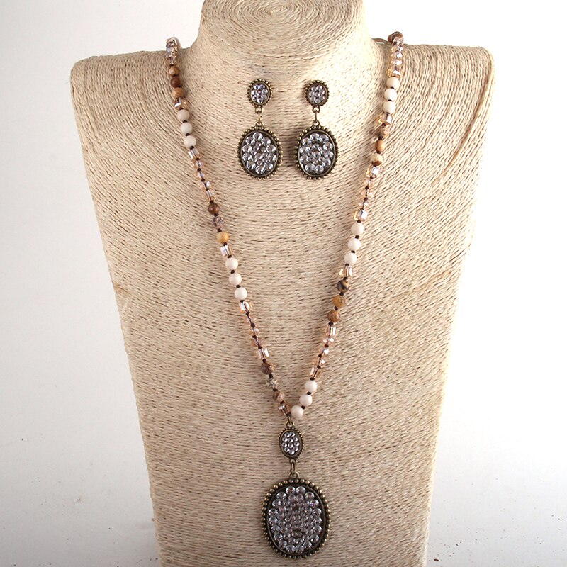 RH Boho Schmuck Set Semi Kostbare Stein & Glas Verknotet Pflastern Kristall Anhänger Halskette Ohrring Set Frauen