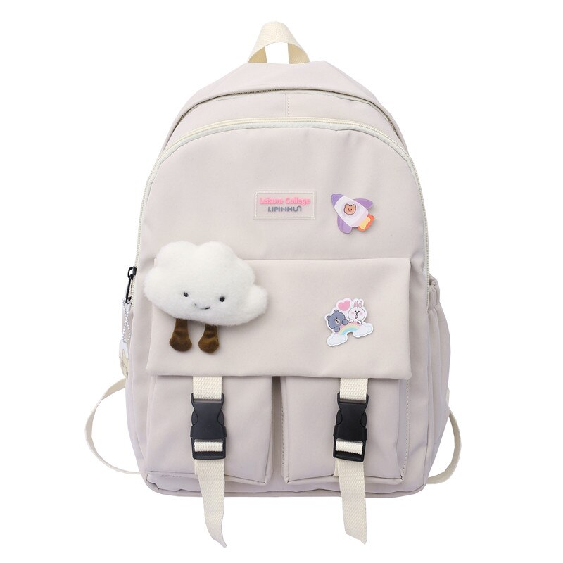 Leuke Wolken Vrouwen Rugzak Nylon Schooltas Voor Tiener Meisjes Student Boek Laptop Rugzak Mochila Vrouwelijke Schooltas: WHITE / with pendant