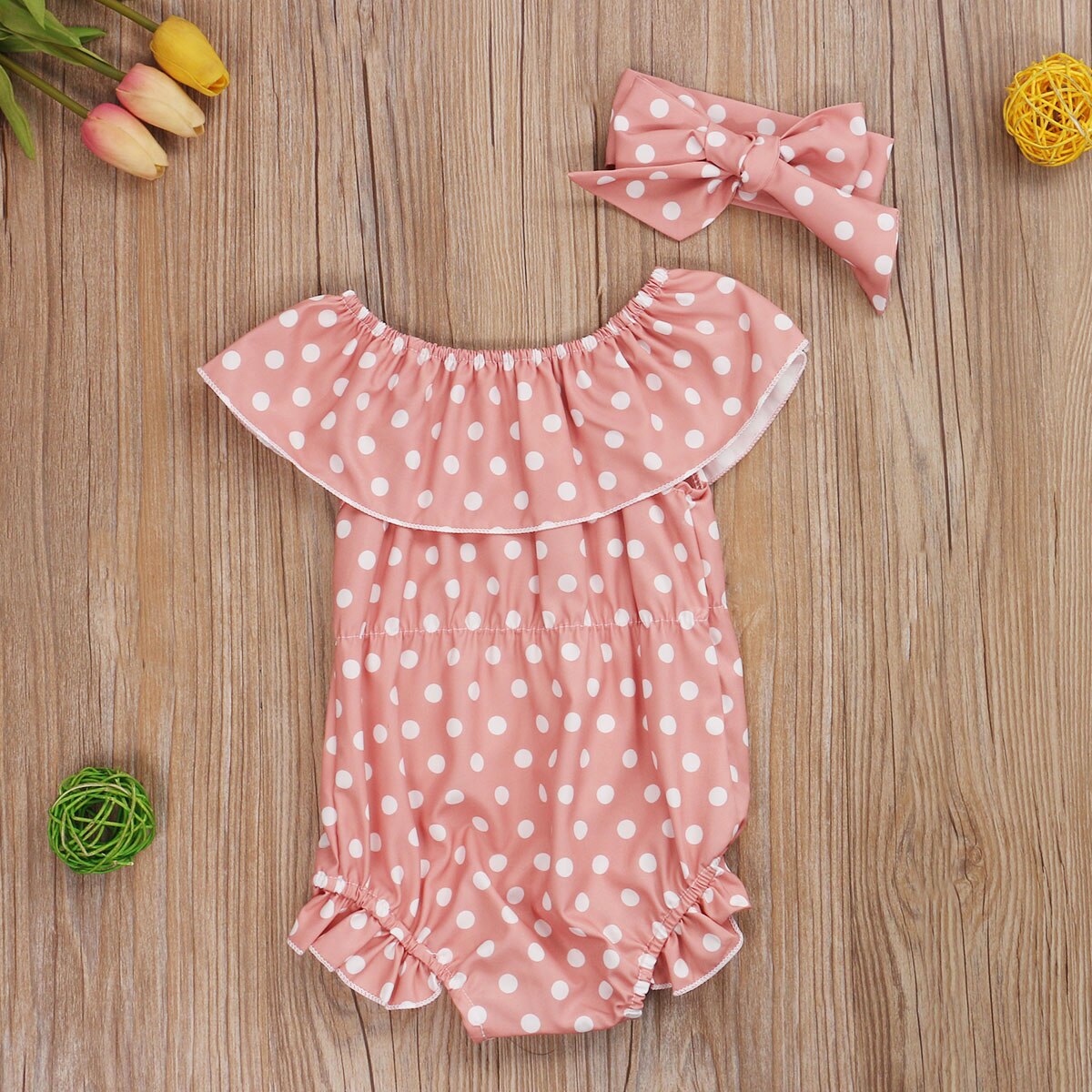 0-24m zomerse schattige babymeisjes-jongens-rompertjes met hoofdband, stippenprint, ruches, mouwen en jumpsuits