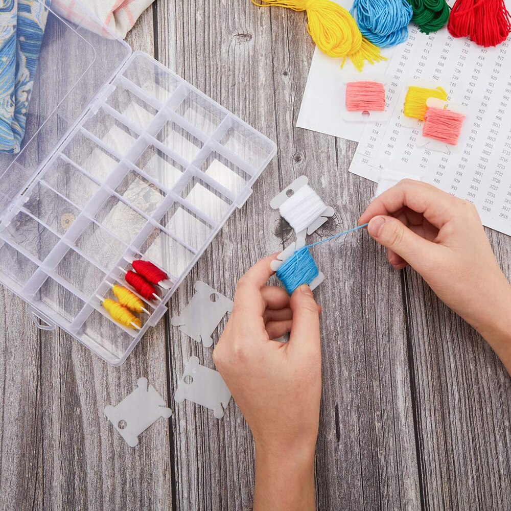 Embroidery Floss Organizer Box Set with 24 Girds Cross Stitch Organizer Box & Floss Bobbins & Floss Number Stickers DIY