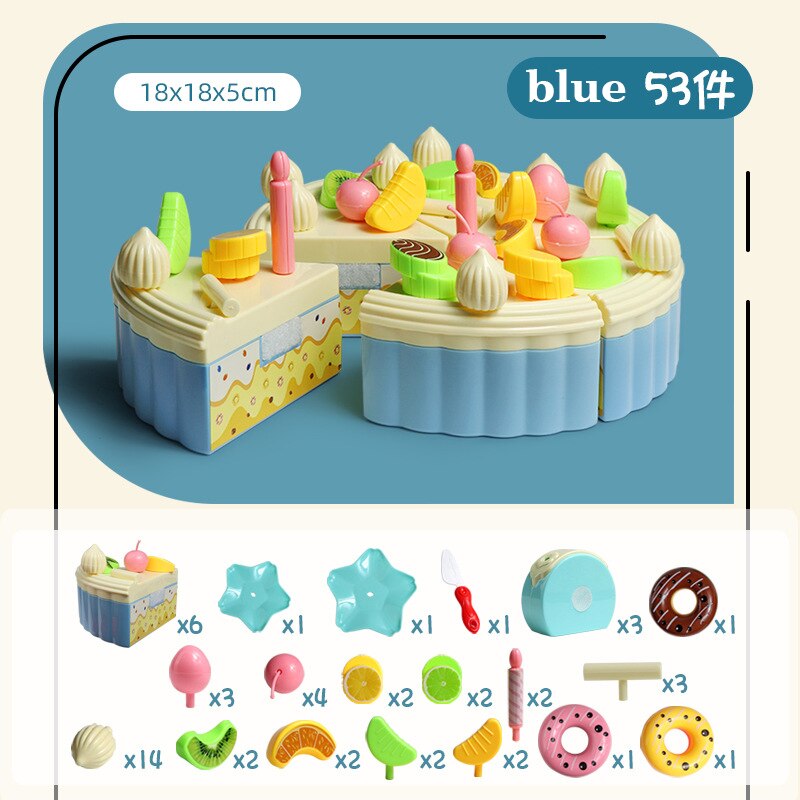 53pcs/lot Children Pretend Role Play House Toy Cutting Fruit Plastic Vegetables Food Kitchen Baby Classic Kids Educational Toys: Cake 53 pieces-blue