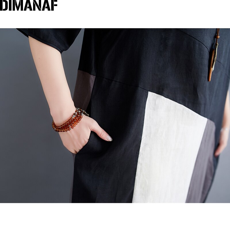 DIMANAF-vestido holgado de talla grande de algodón y lino para verano, traje de retazos negro para mujer