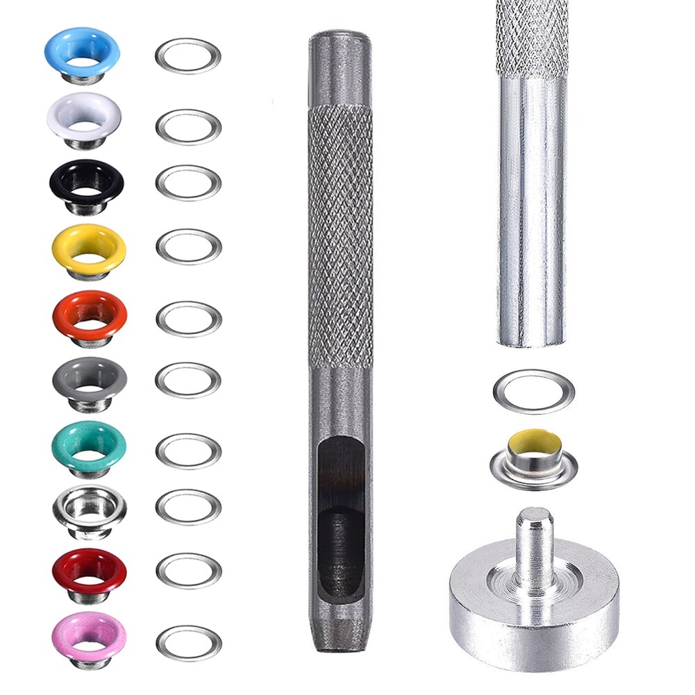 Hebillas de ojales de Metal de 5MM + herramientas de montaje, remaches de repuesto, hebilla colorida, cordones, agujero de ojo, cuero, artesanía DIY, 300 piezas