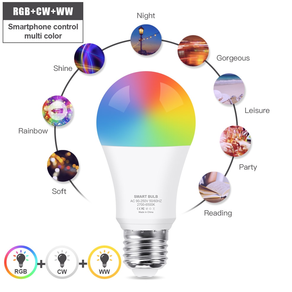 Wifi smart lyspære rgb + hvit + varm hvit  e27 led pære tuya smart life app dimbar stemmekontroll arbeid med alexa, google home
