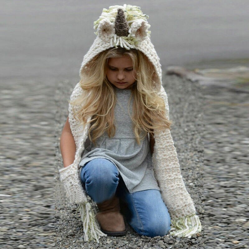 Enhörning huva halsduk djur hoodie cowl virka stickad mössa hatt barn cosplay tecknad halsduk flickor födelsedag jul