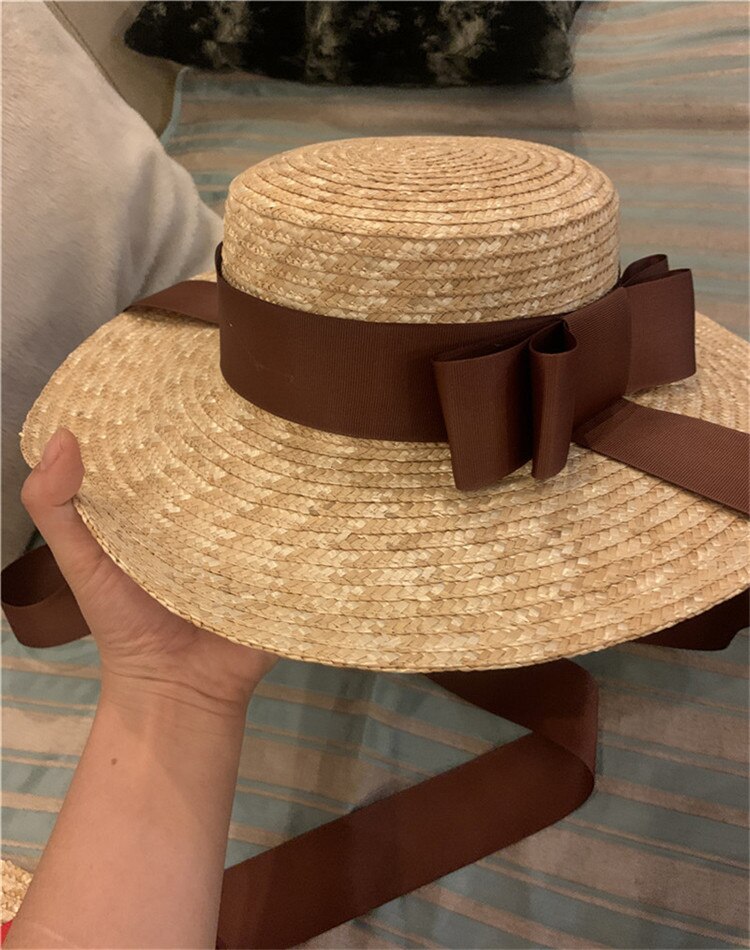 Sombrero de paja con lazo hecho a mano para mujer, gorro largo con lazo para playa, vacaciones, ocio, 01905: Castaño