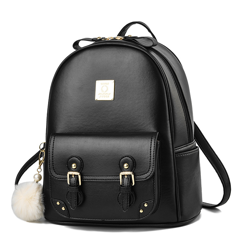 Color Block PU Backpack for Women | Stylish Daypack with Pompom Charm & Multiple Compartments: black