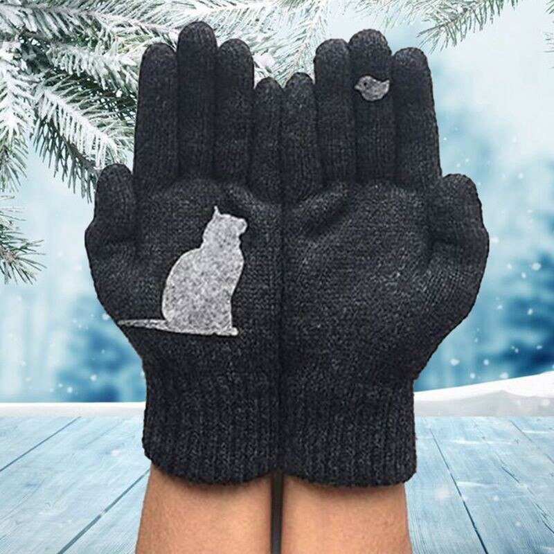 1Pair Women Girls Lovely Winter Warm Hand Protection Gloves Cartoon Cat And Bird Printed Gloves Mitten
