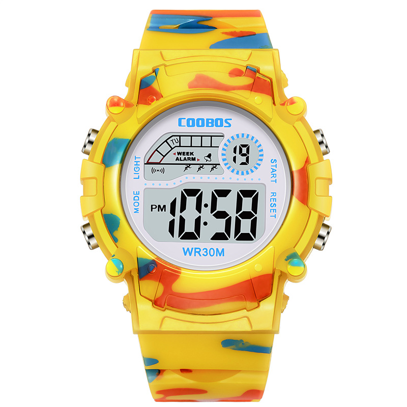 COOBOS Kinderuhr Tarnung Sport Elektronische Digitaluhr Wasserdichte Multifunktions-LED-Uhr für Jungen Mädchen Kinderuhr: Gelb