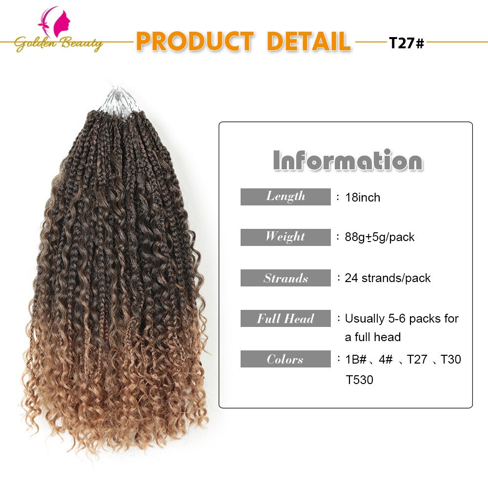 18"Goddess Box Braids Hair Extension Synthetic Crochet Hair Bohemian Hair With Curls Boho Braided Hair 24strands Golden Beauty
