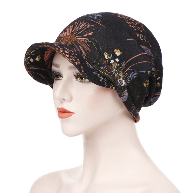 Wide Brim Sun Hat Cotton Hat Hijab Turban Head Wrap Hair Loss Chemo Cap Headscarf Wraps Cover Visor Cap For Women: Black Flowers