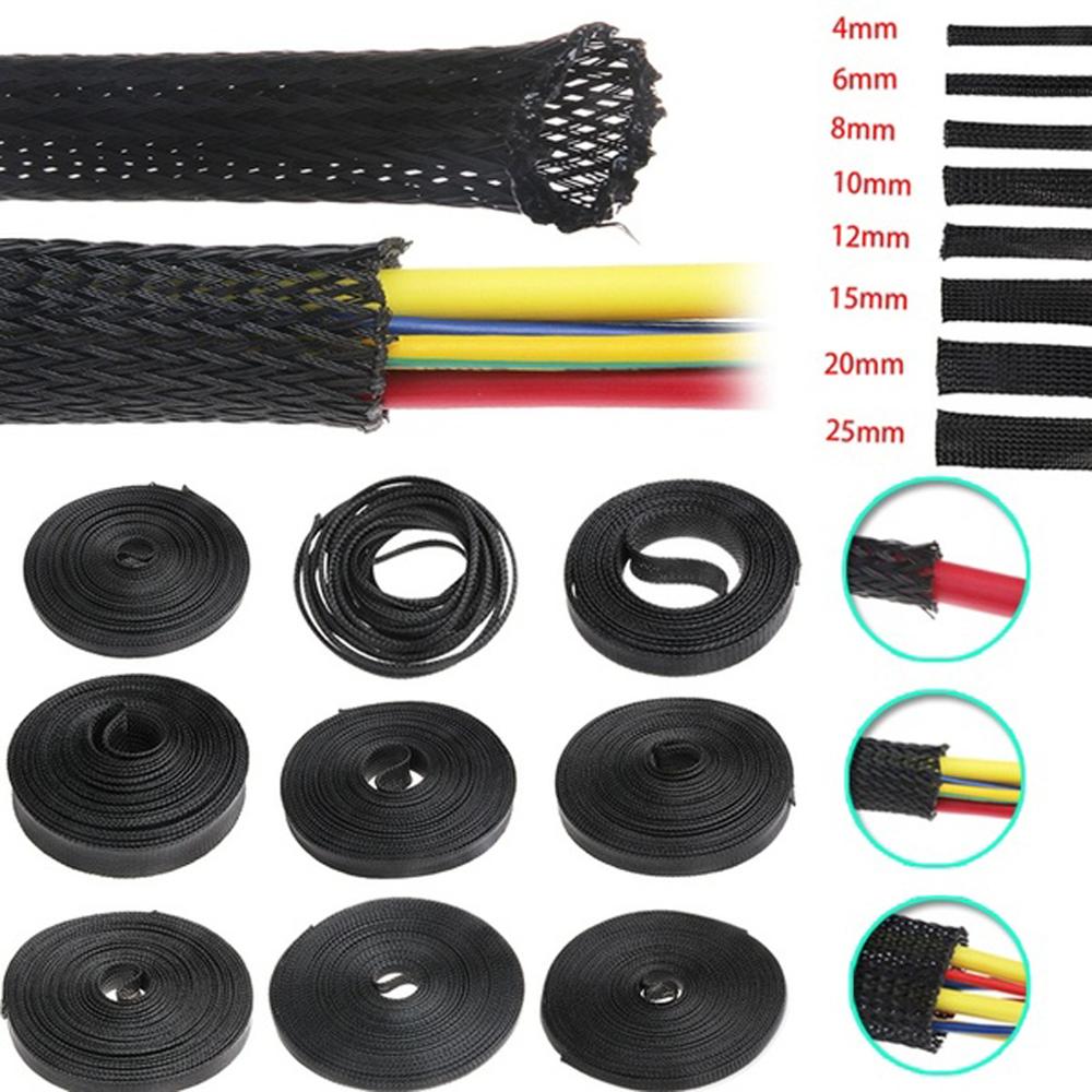 5/1M Zwart Geïsoleerde Gevlochten Sleeving 4/6/8/10/12/15/ 18/20/25mm Strakke HUISDIER Draad Kabel Bescherming Uitbreidbaar Kabel Mouw Draad Klier