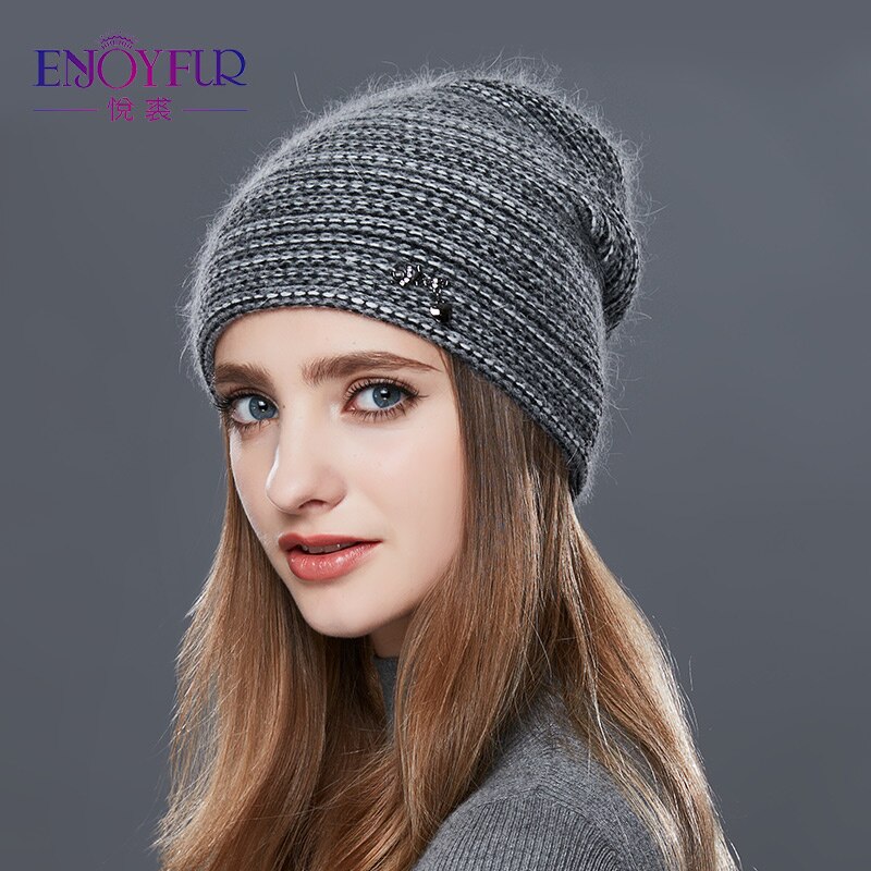 Enjoyfur gebreide wollen muts voor de winter dubbele laag dikke warme zachte damesmuts casual mutsen damesmutsen muts voor dames: 03